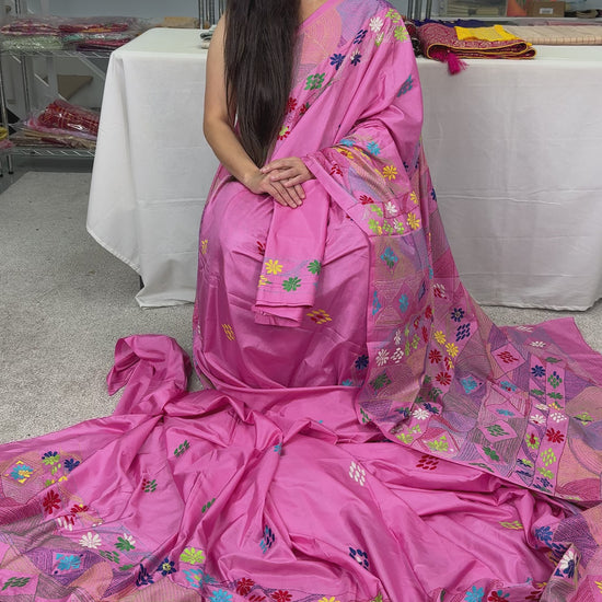 Video of Amira : Pink Blended Silk Saree with Hand Embroidery Lambani Work Saree