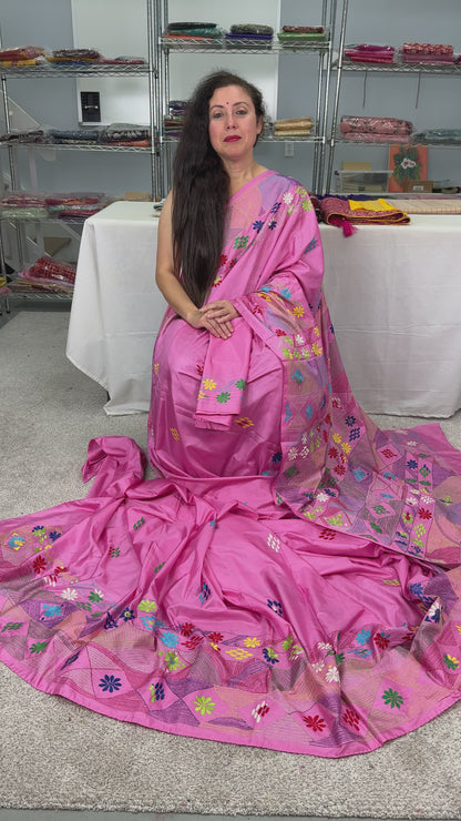 Video of Amira : Pink Blended Silk Saree with Hand Embroidery Lambani Work Saree