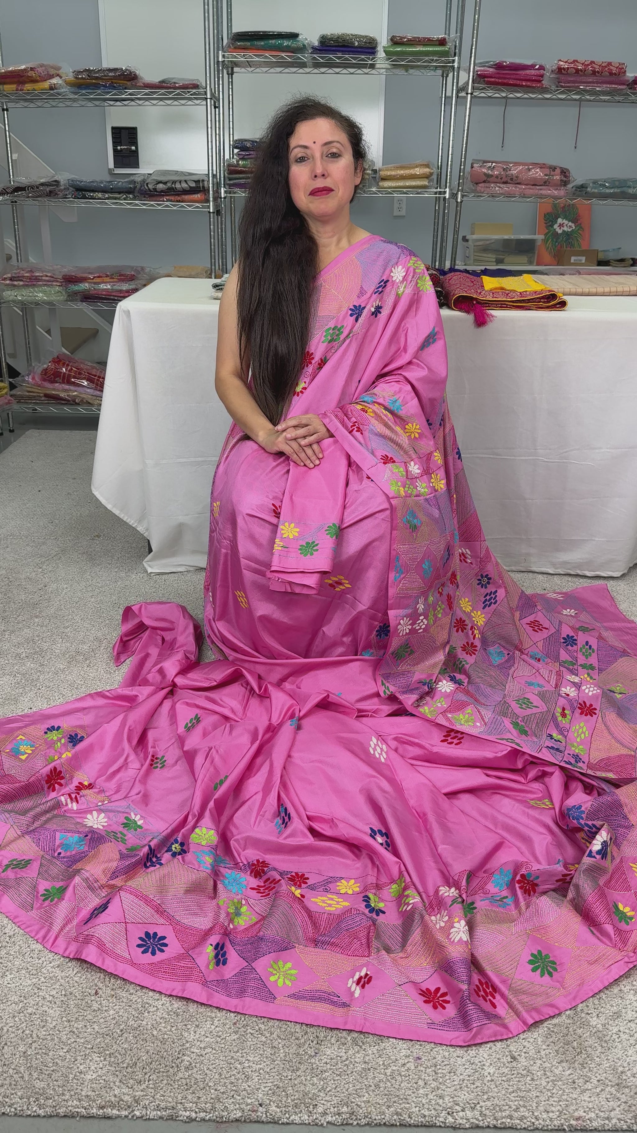 Video of Amira : Pink Blended Silk Saree with Hand Embroidery Lambani Work Saree