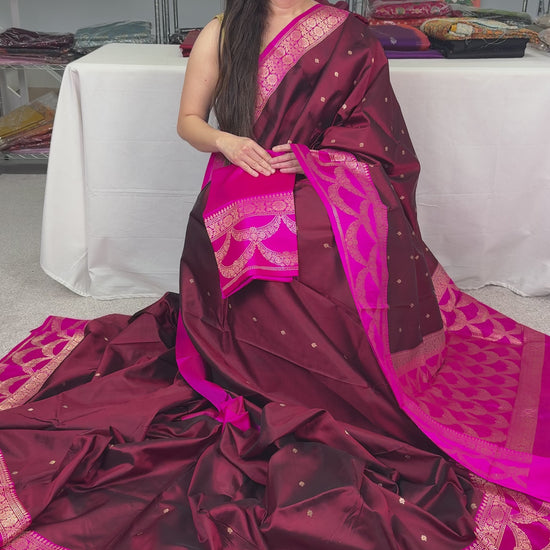 Video of Pure Katan Banarasi Silk Saree in Brownish Maroon and Magenta
