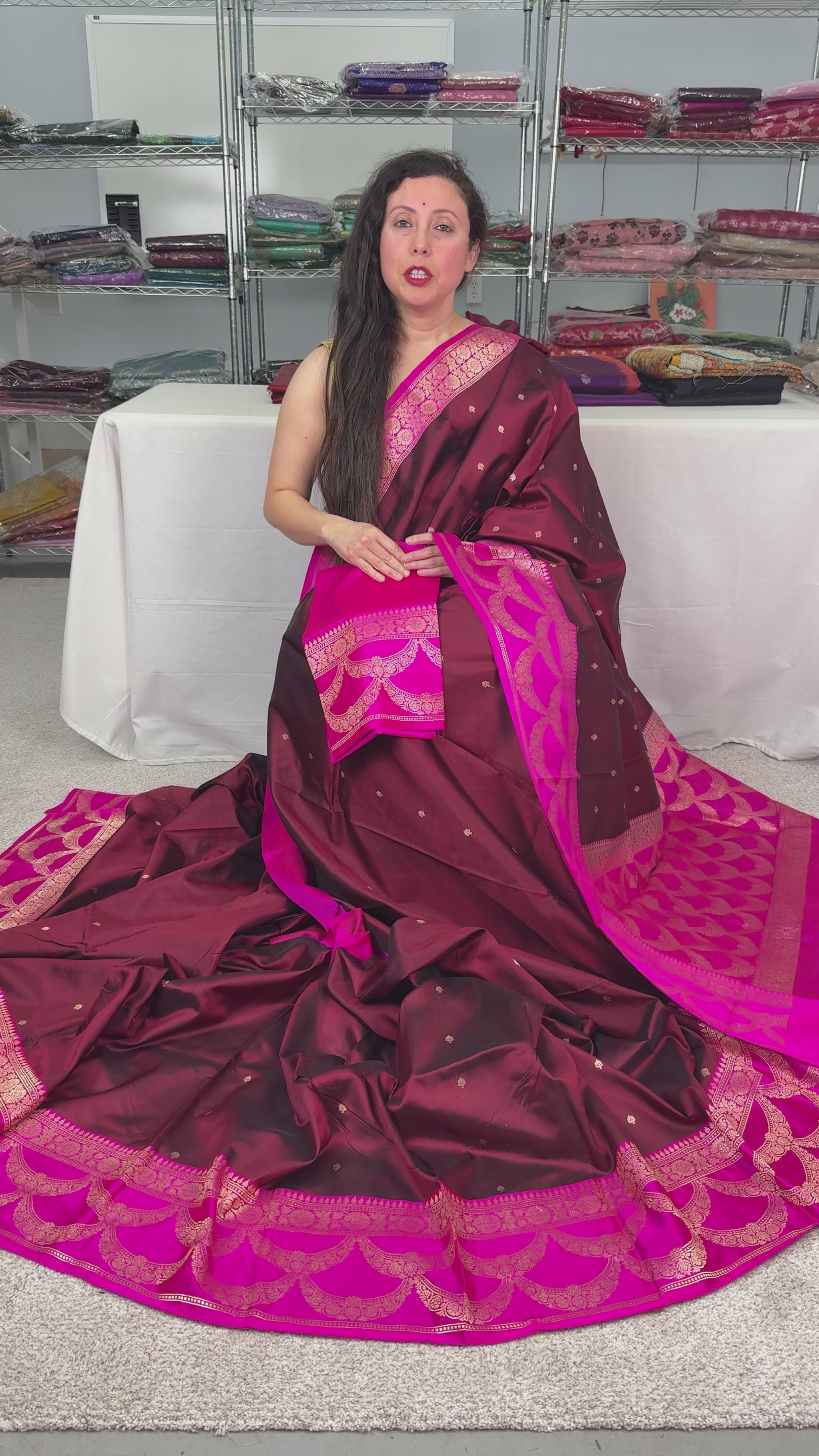 Video of Pure Katan Banarasi Silk Saree in Brownish Maroon and Magenta