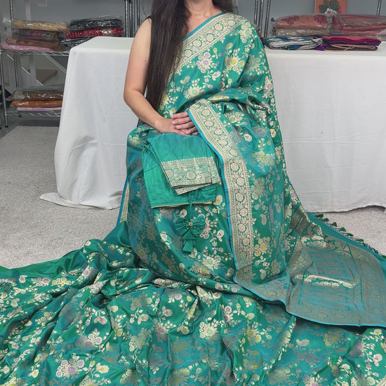 Video of Premium Quality Minakari Banarasi Saree with 40 Size Stitched Blouse.