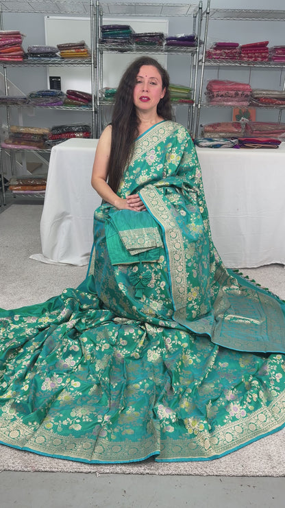 Video of Premium Quality Minakari Banarasi Saree with 40 Size Stitched Blouse.