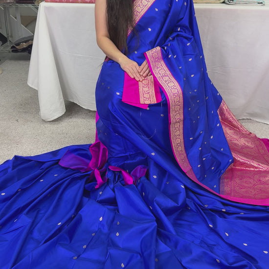 Video of Certified Silk Banarasi Saree in Royal Blue and Dark Pink.