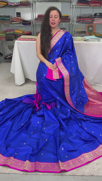 Video of Certified Silk Banarasi Saree in Royal Blue and Dark Pink.