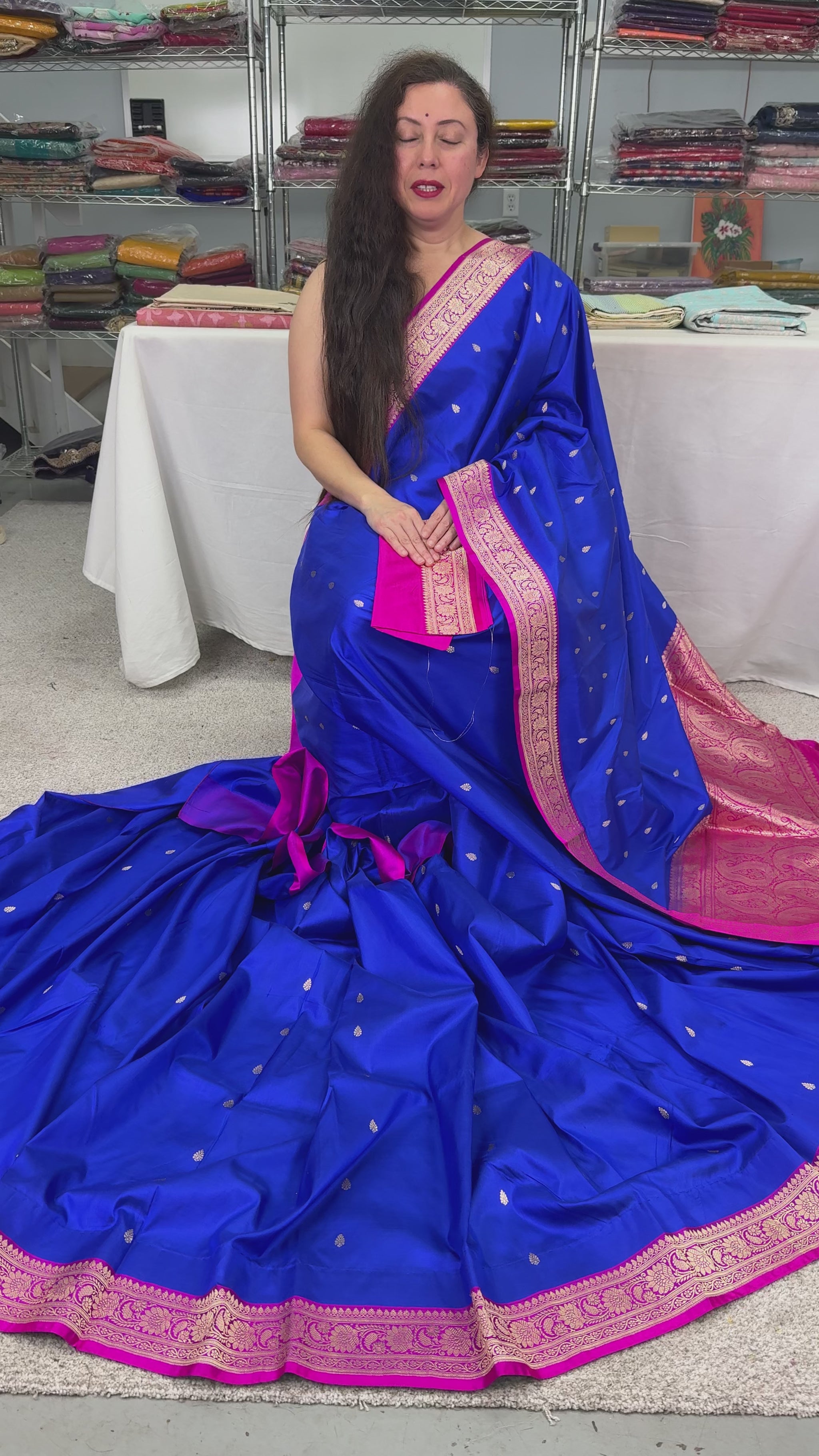 Video of Certified Silk Banarasi Saree in Royal Blue and Dark Pink.