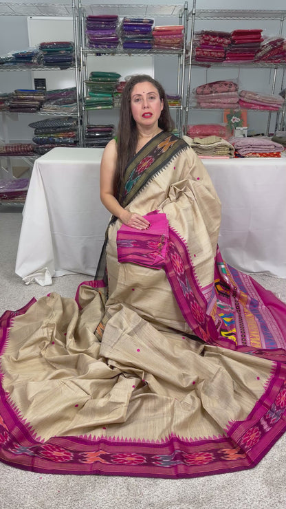 Silk Mark Certified Tussar Dolabedi Saree in Beige, Black and Pink