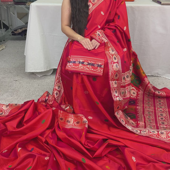 video of Traditional Revival Baluchari Silk Saree from Bengal  in Orangish Red.
