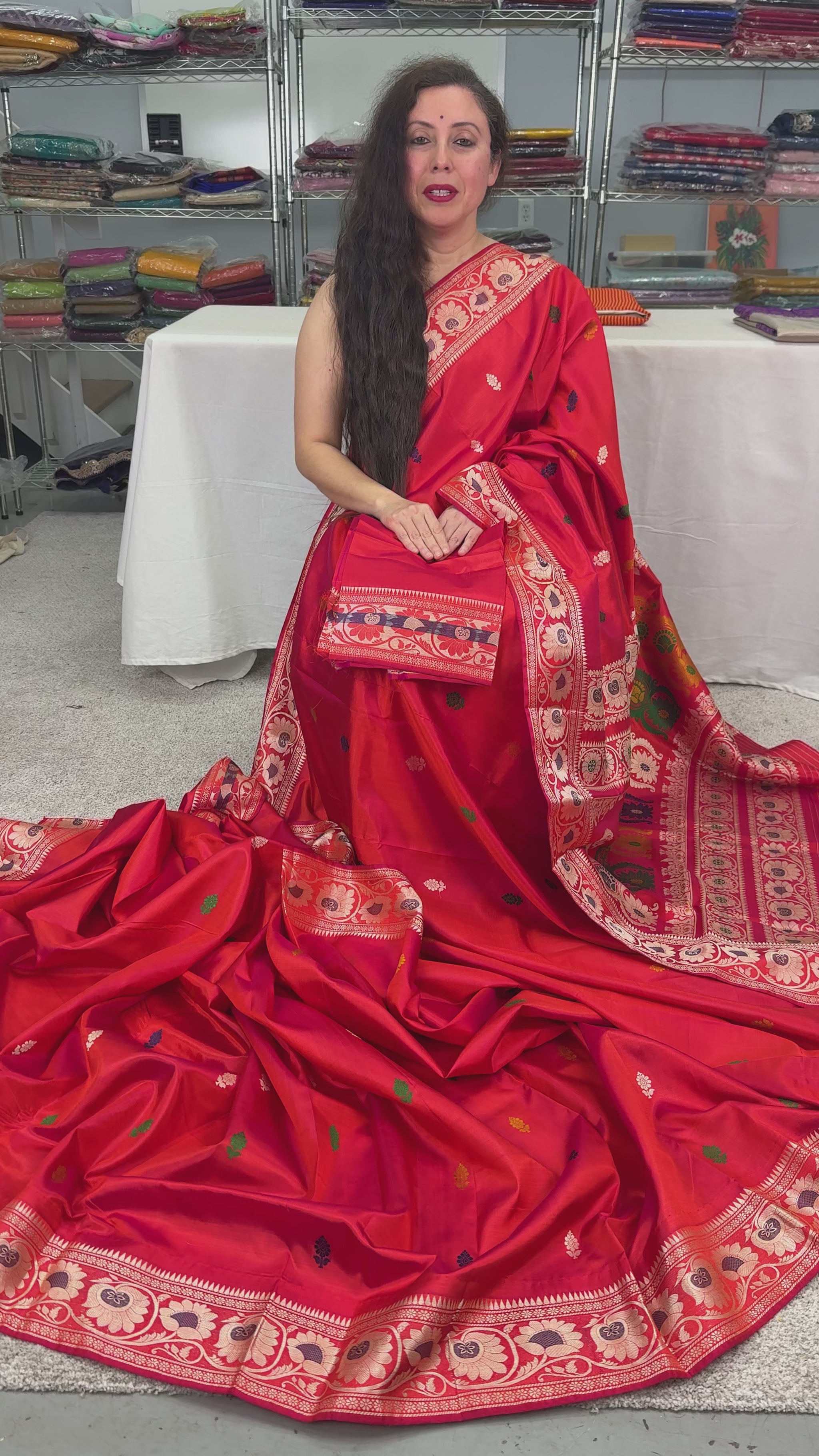 video of Traditional Revival Baluchari Silk Saree from Bengal  in Orangish Red.