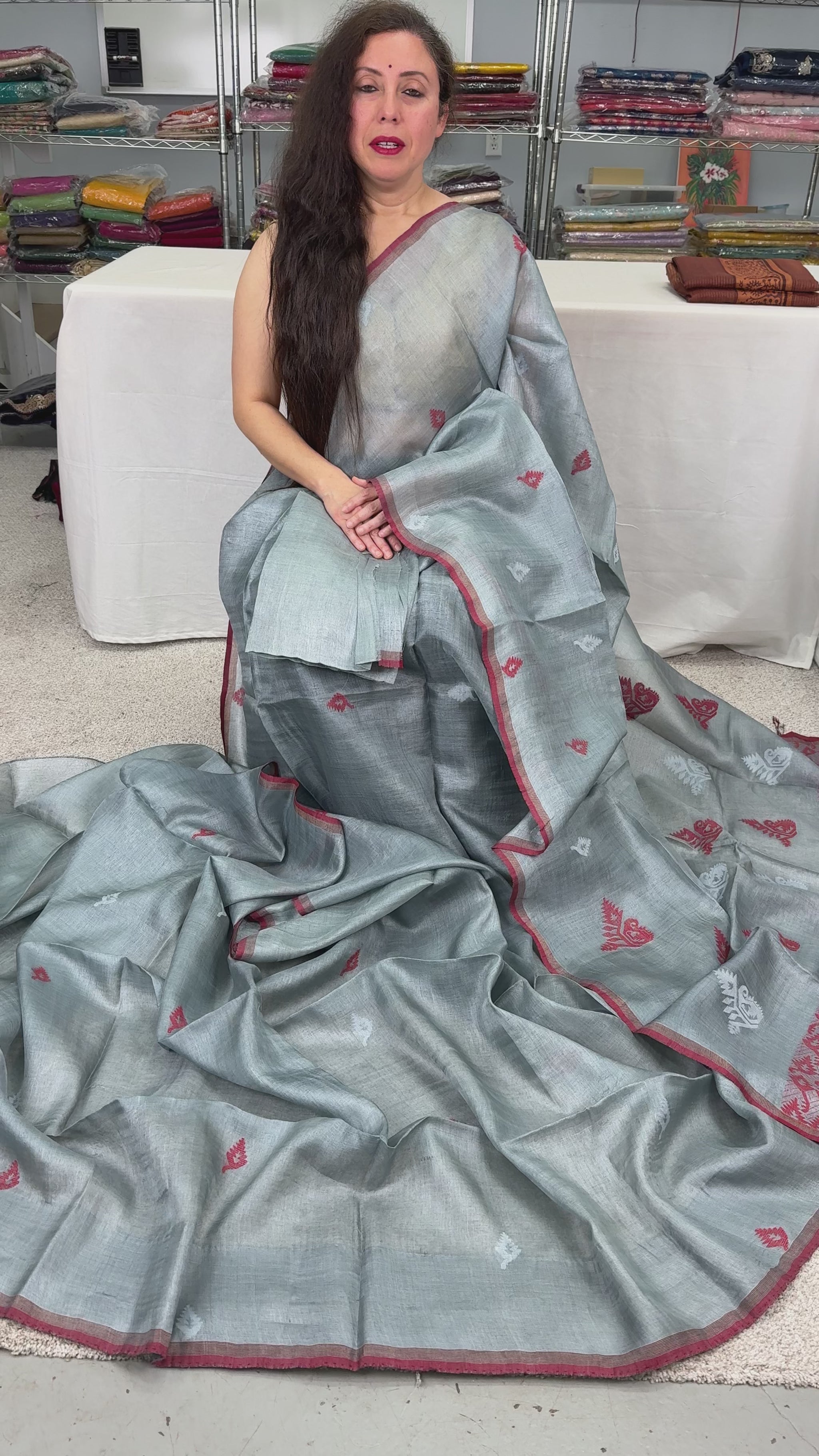 Video of Grey & Red Bengal Tussar Silk Saree | Intricate Jamdani Weaving.