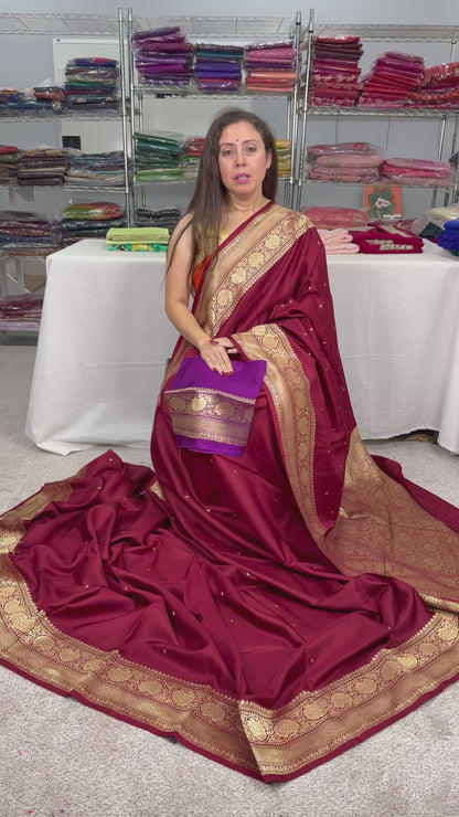 Silk Mark Certified Mashru Banarasi Silk Saree in Maroon and Gold