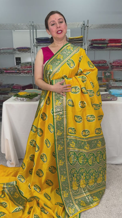 Pratima : Yellow and Green Baluchari Saree in Blended Silk