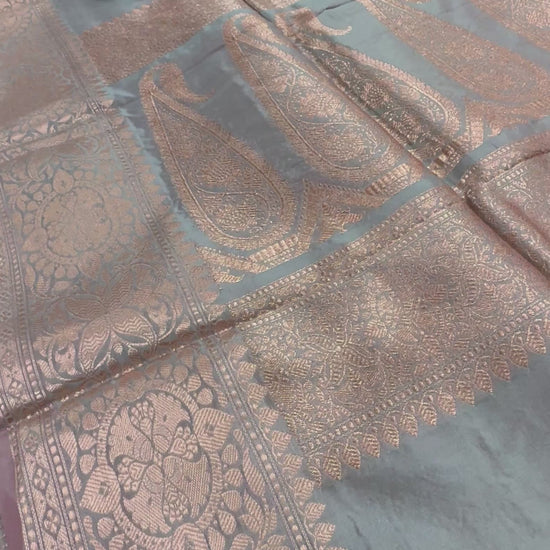 Video of Katan Banarasi Silk Saree in Dual Shade of Gray - Certified Silk Indian Saree.