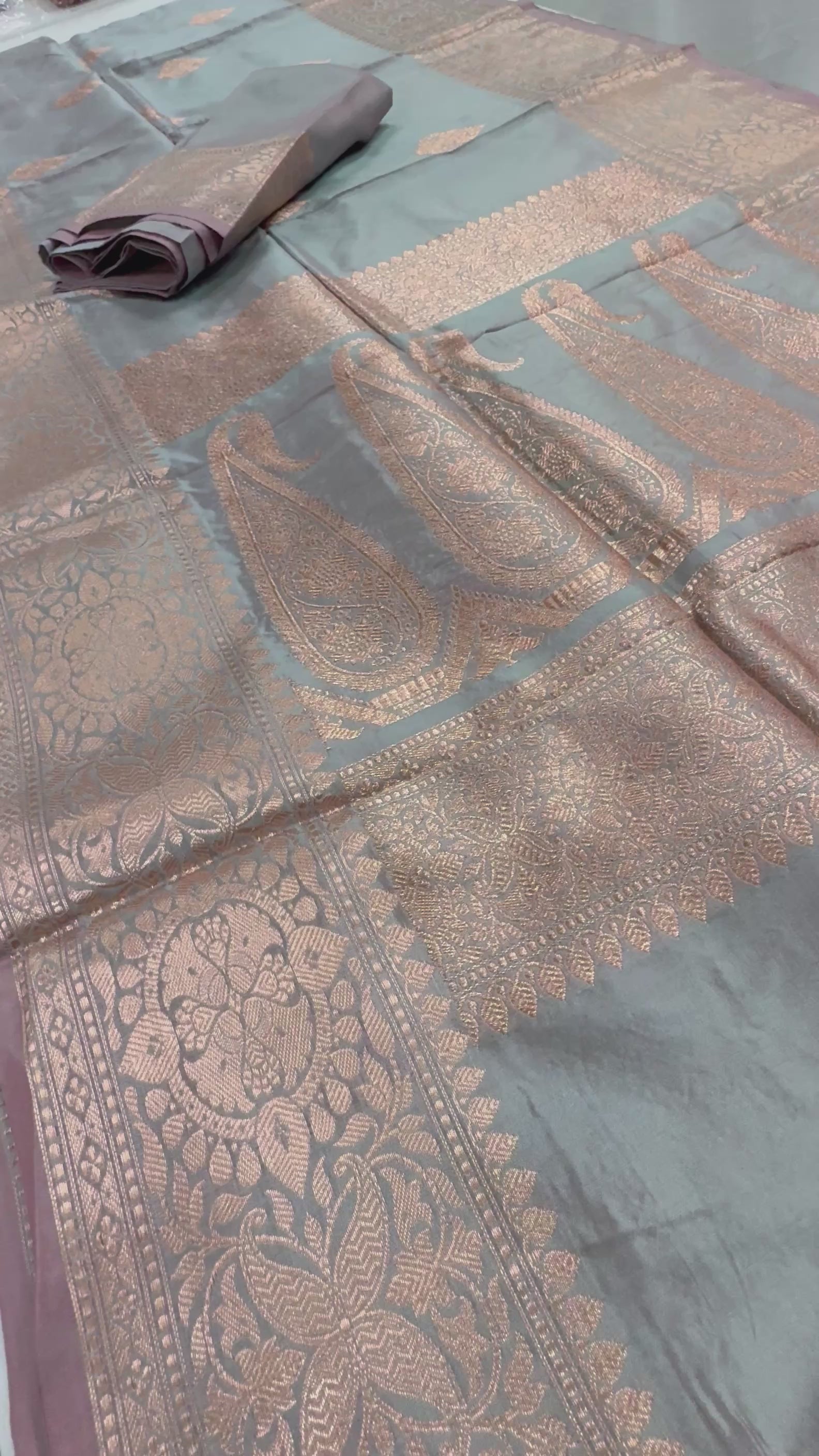 Video of Katan Banarasi Silk Saree in Dual Shade of Gray - Certified Silk Indian Saree.