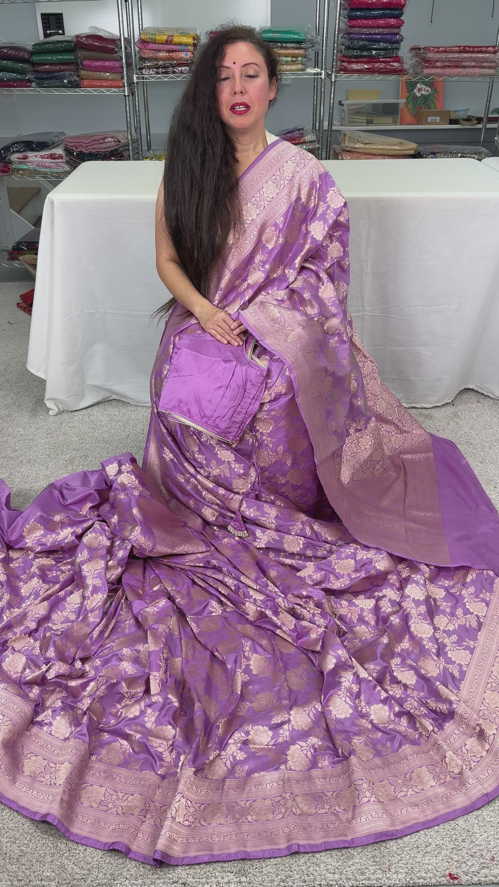 Video Of Sia : Silk Mark Certified Lavender Banarasi Saree with 38 Size Stitched Blouse