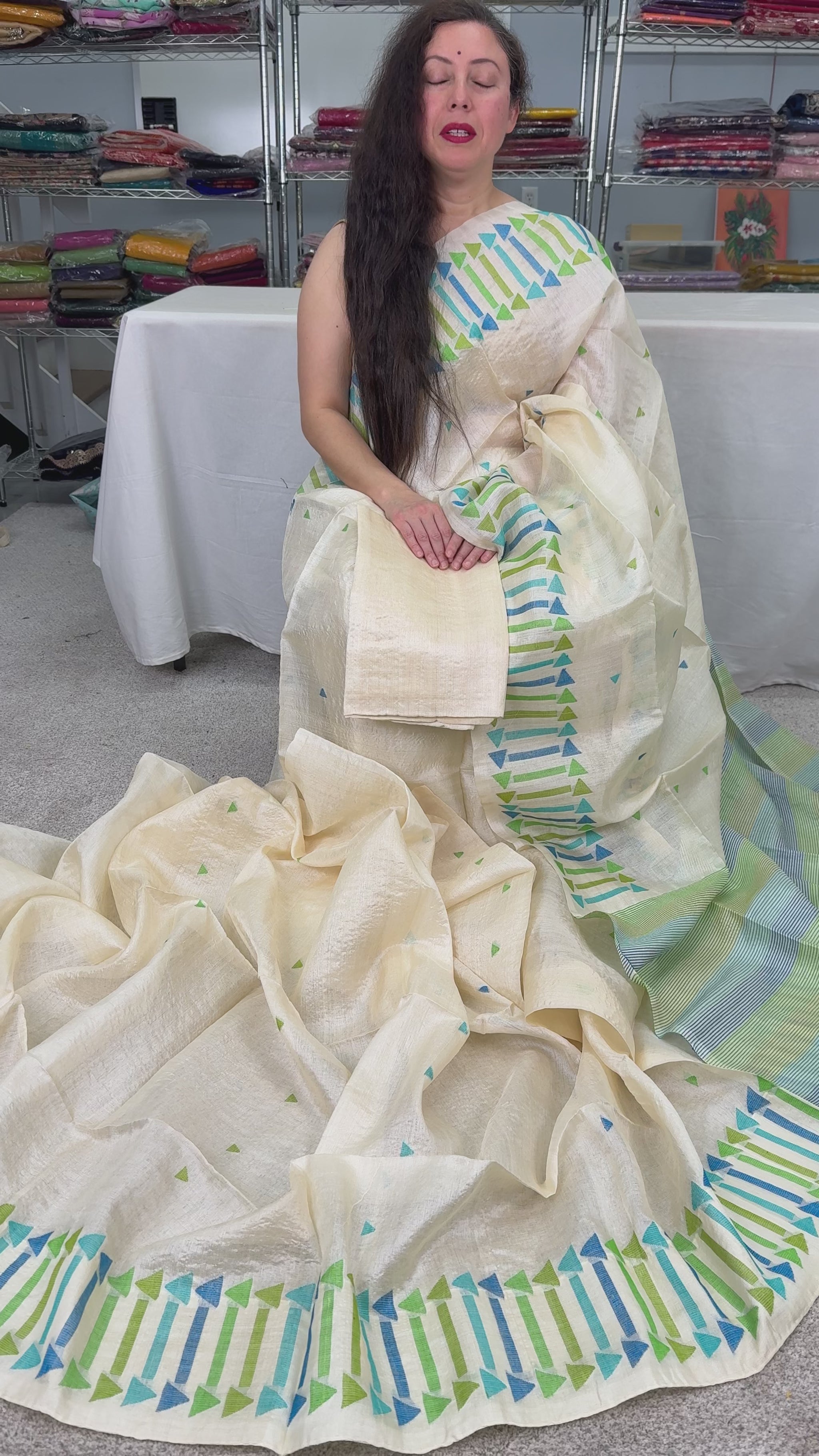 Video of Cream Tussar Silk Saree with Blue & Green Motifs | Silk Mark Certified.