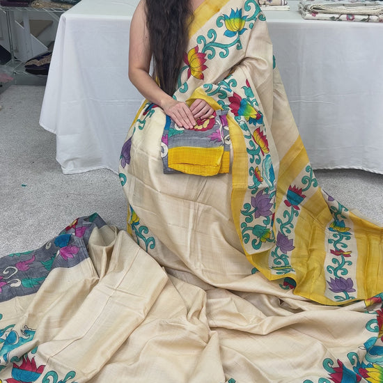 Video of Mala : Hand Painted Kalamkari Tussar Silk Saree in Cream and Yellow