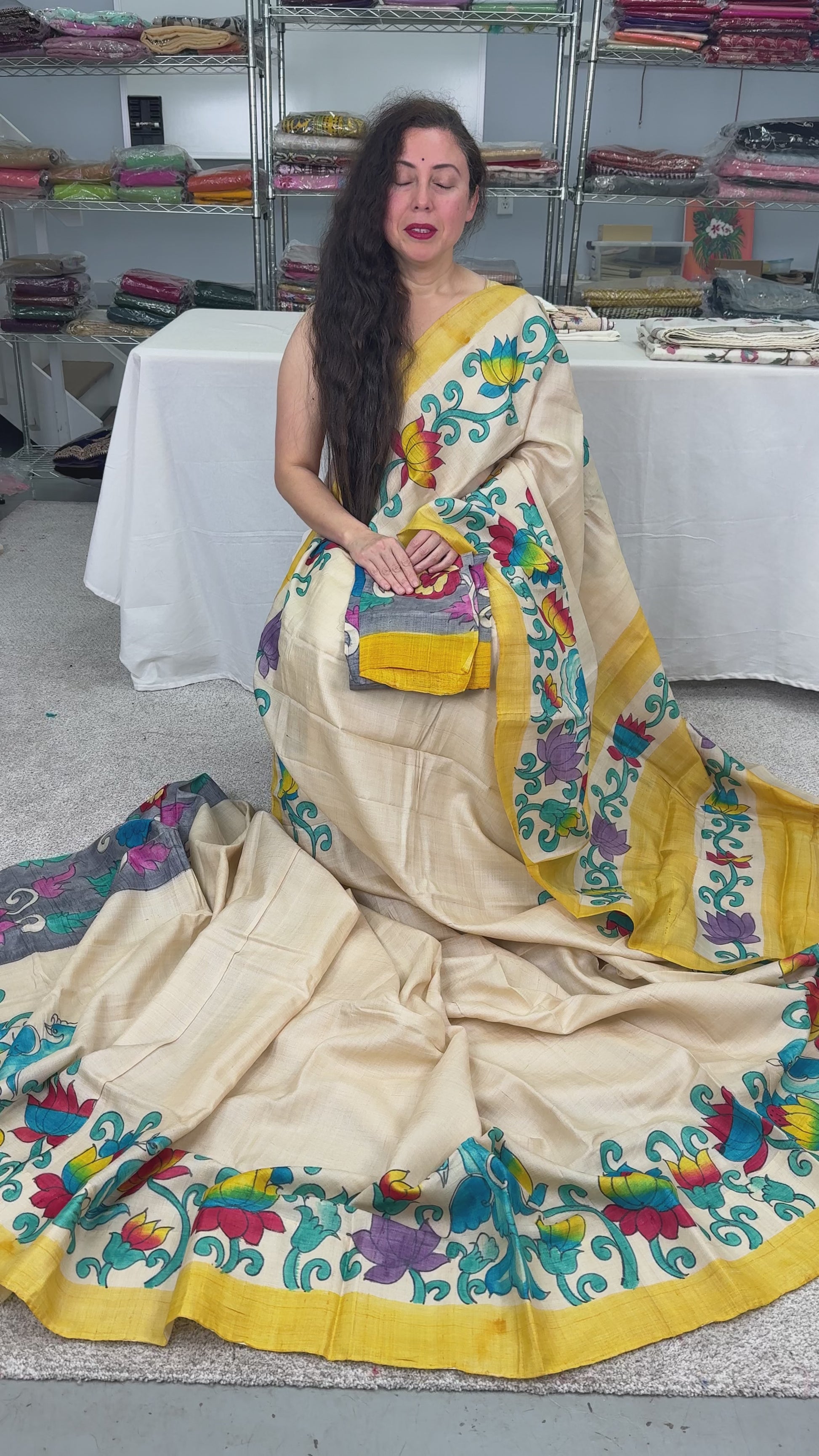 Video of Mala : Hand Painted Kalamkari Tussar Silk Saree in Cream and Yellow