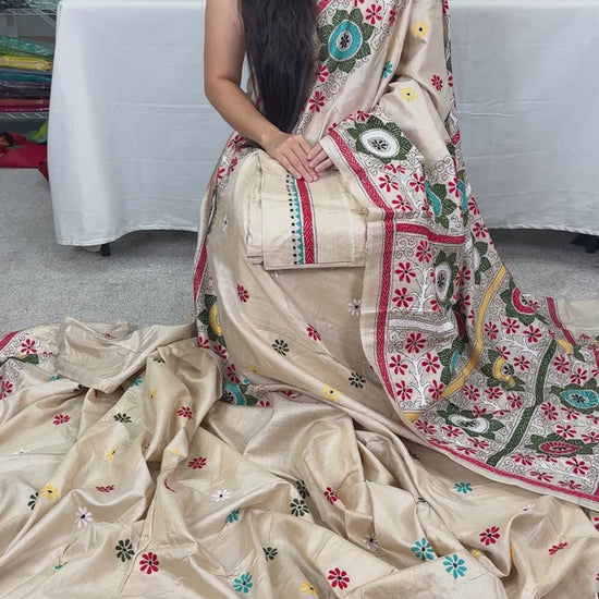 Video of Beige Kantha Stitch Gachi Tussar Silk Saree.