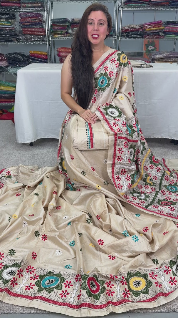 Video of Beige Kantha Stitch Gachi Tussar Silk Saree.