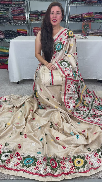 Video of Beige Kantha Stitch Gachi Tussar Silk Saree.