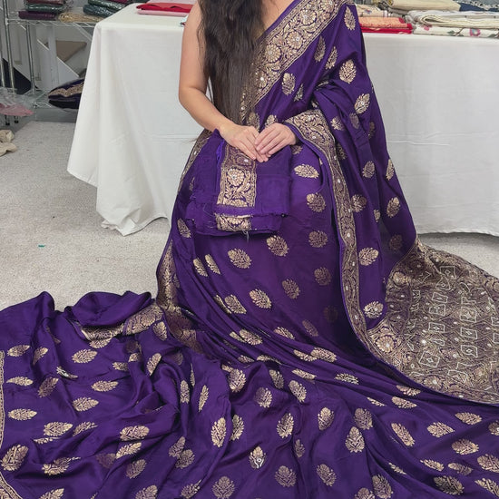 Video of Mayuri : Hand Embroidery Soft Dola Silk Banarasi Saree in Bluish Purple
