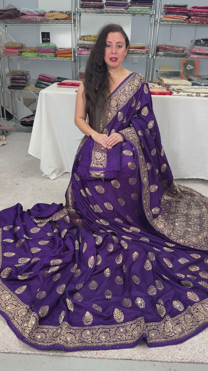 Video of Mayuri : Hand Embroidery Soft Dola Silk Banarasi Saree in Bluish Purple