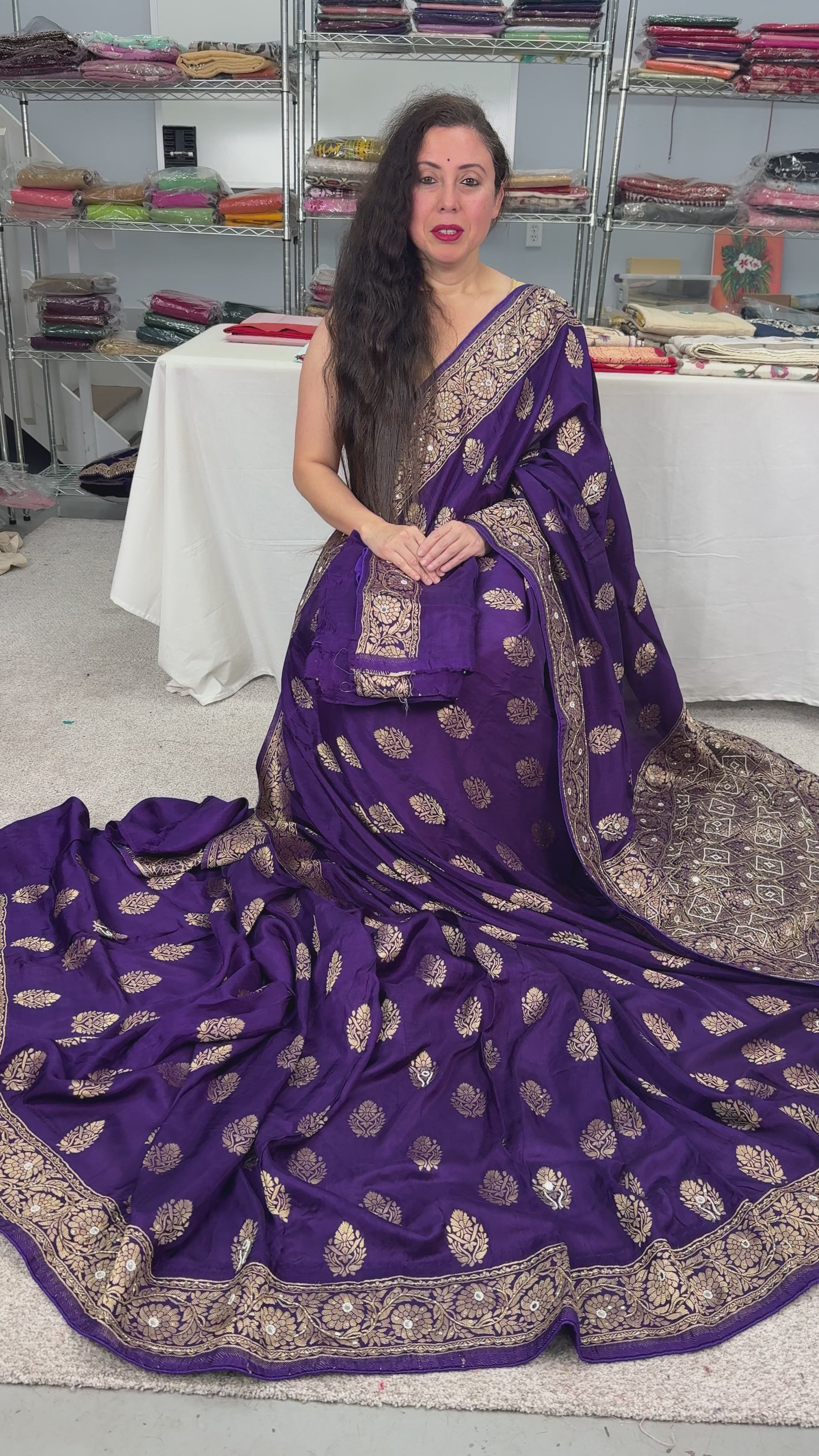 Video of Mayuri : Hand Embroidery Soft Dola Silk Banarasi Saree in Bluish Purple