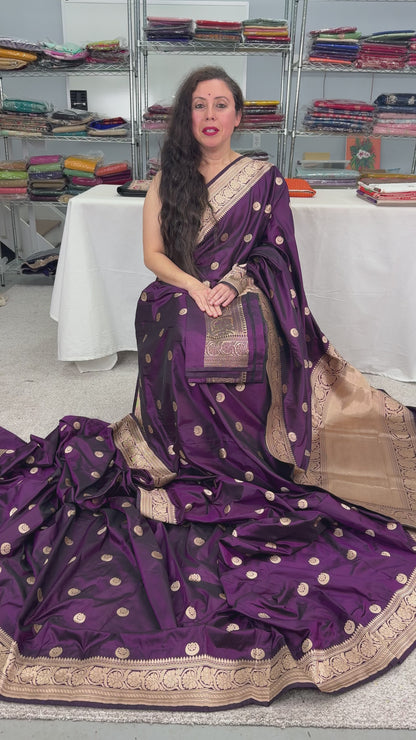 Video of Silk Mark Certified  Purple and Gold Bridal Banarasi Silk Saree.