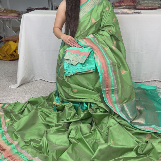 Video of Silk Mark Certified Katan Banarasi Saree with 42 Size Stitched Blouse