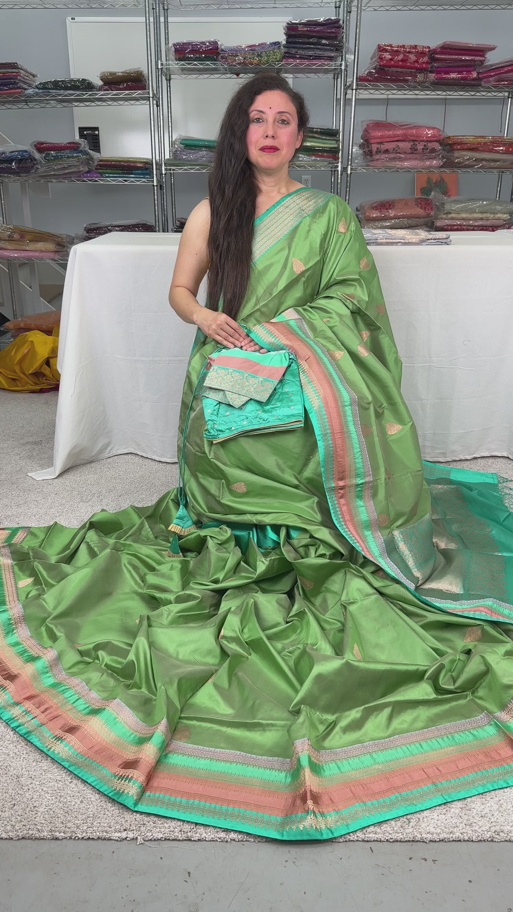 Video of Silk Mark Certified Katan Banarasi Saree with 42 Size Stitched Blouse