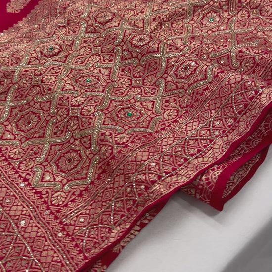 Video of Tamanna : Hand Embroidery Soft Dola Silk Banarasi Saree in Red and Gold