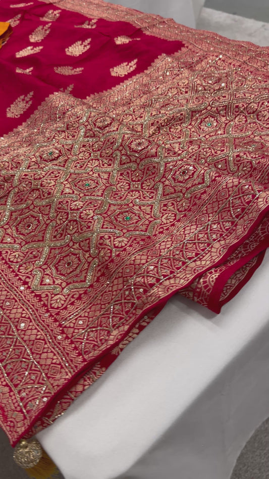 Video of Tamanna : Hand Embroidery Soft Dola Silk Banarasi Saree in Red and Gold