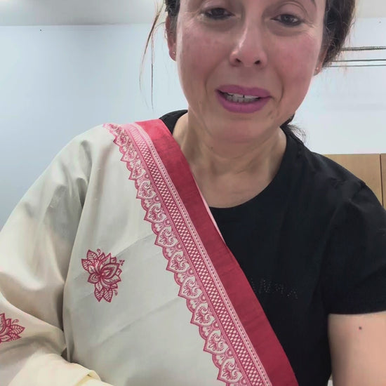 Video of Cream and red semi silk Durga Puja saree..