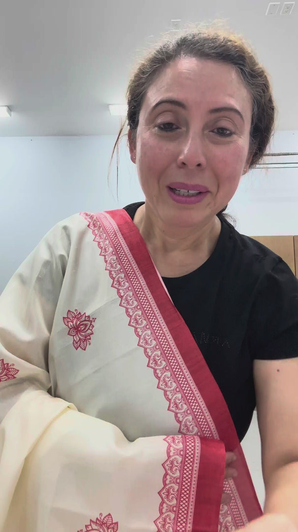 Video of Cream and red semi silk Durga Puja saree..