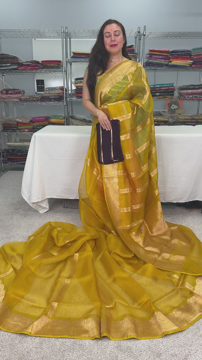 Vidhi: Golden Yellow and Gold Kora Organza Banarasi Saree