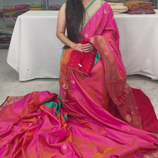 Video of Dual-Shade Pink Banarasi Silk Saree with 36 Size Ready-Stitched Blouse.