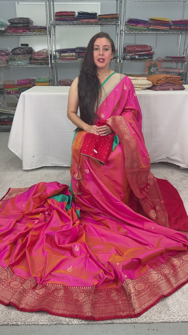 Video of Dual-Shade Pink Banarasi Silk Saree with 36 Size Ready-Stitched Blouse.