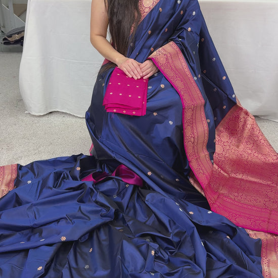Video of Certified Silk Banarasi Saree in Dark Blue with Silver and Golden Motif.