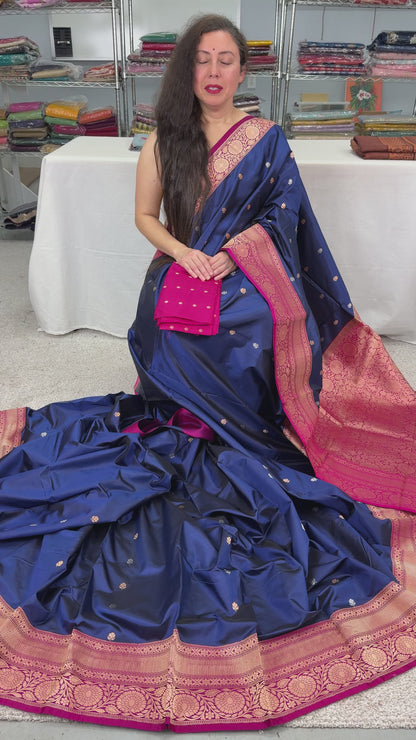 Video of Certified Silk Banarasi Saree in Dark Blue with Silver and Golden Motif.