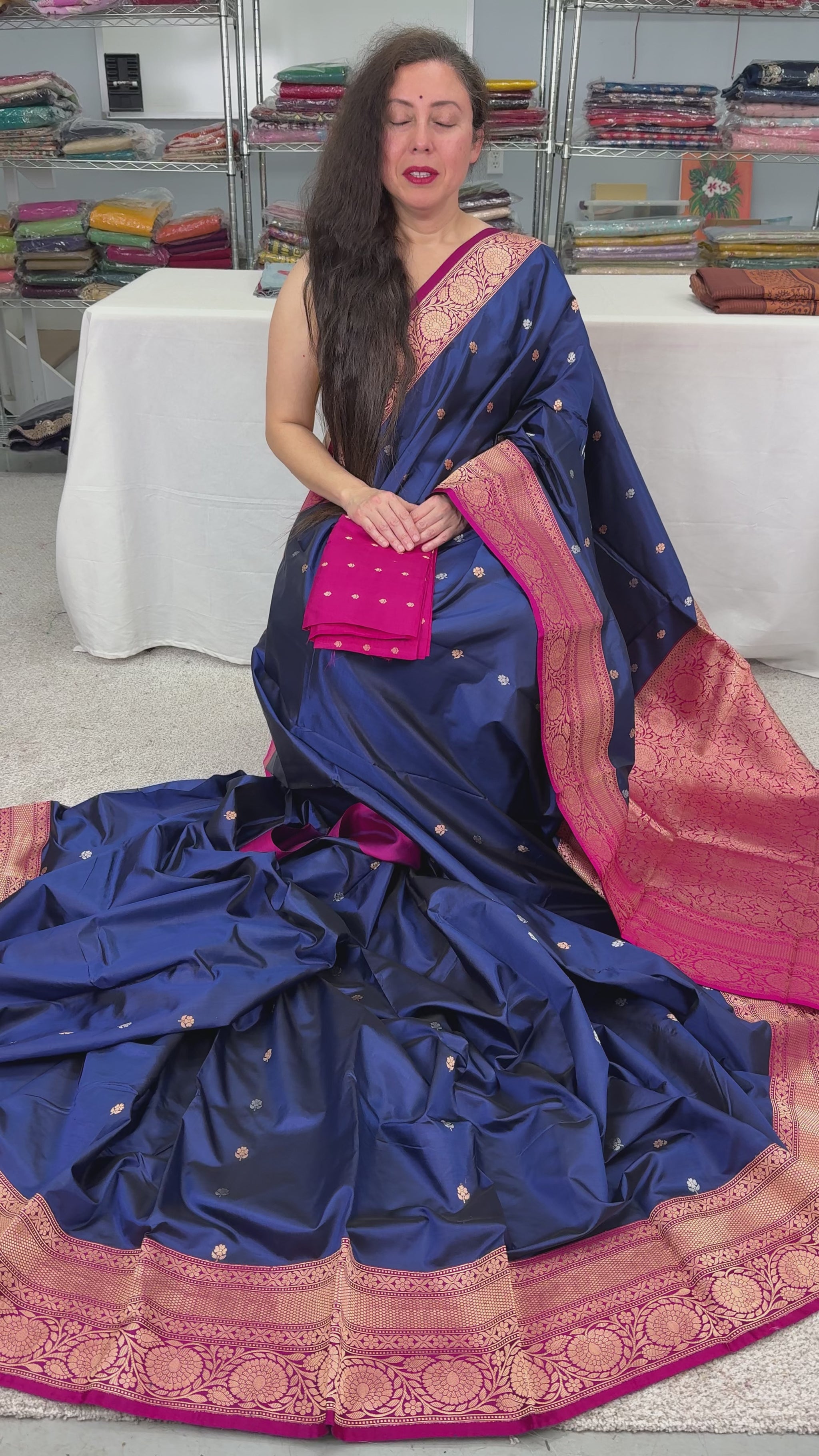 Video of Certified Silk Banarasi Saree in Dark Blue with Silver and Golden Motif.