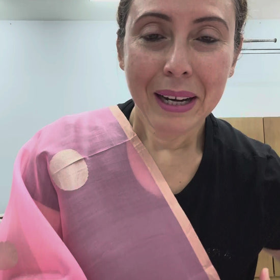 Video of Pink and Gold Kora Silk Banarasi Saree with Polka Dots.