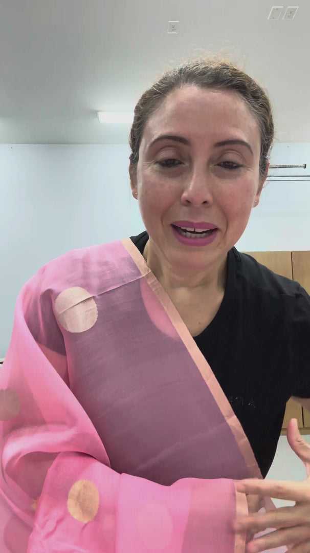 Video of Pink and Gold Kora Silk Banarasi Saree with Polka Dots.