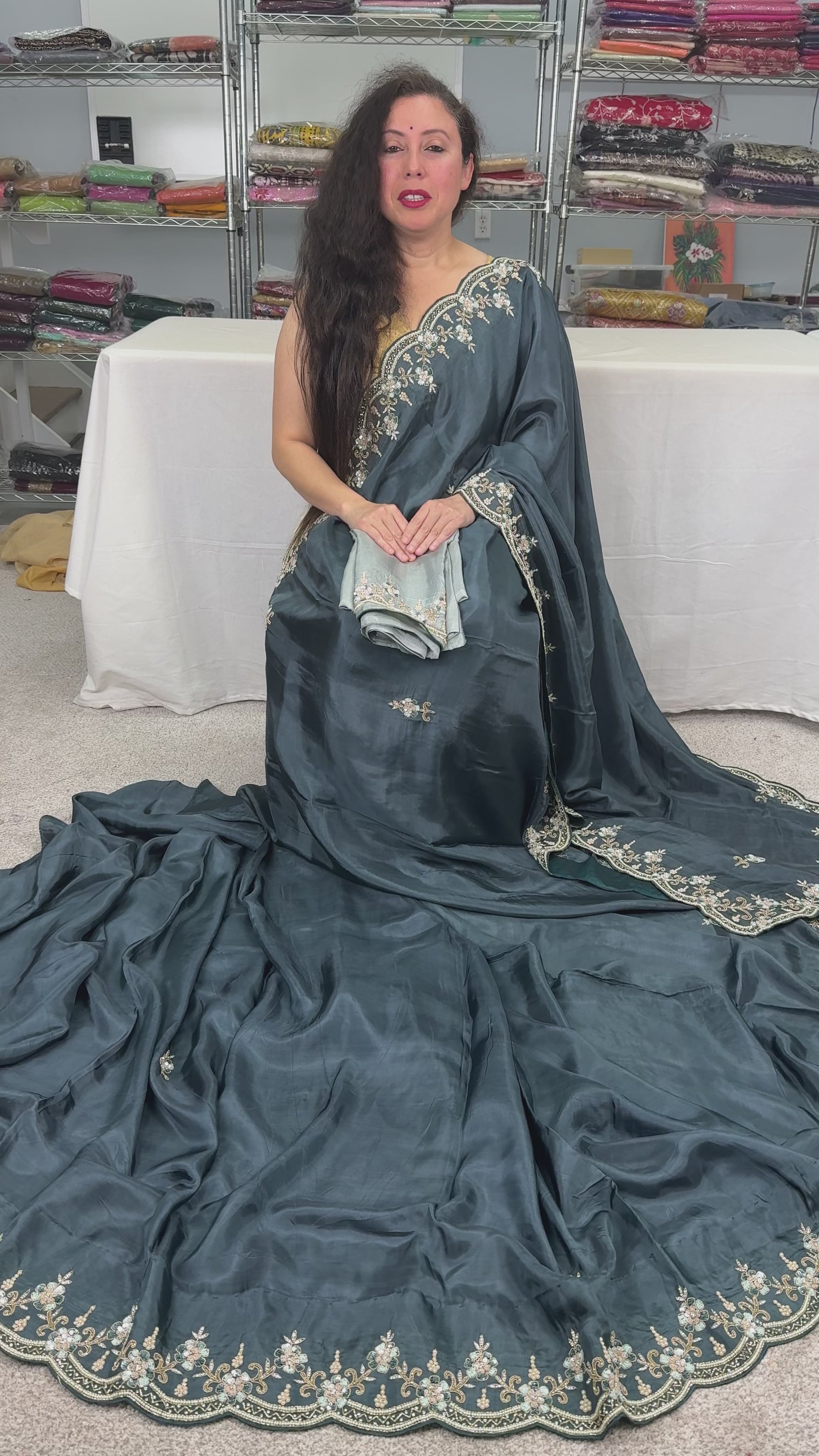 Video of Zaina : English Green Hand Embroidered Zardozi Party Wear Saree