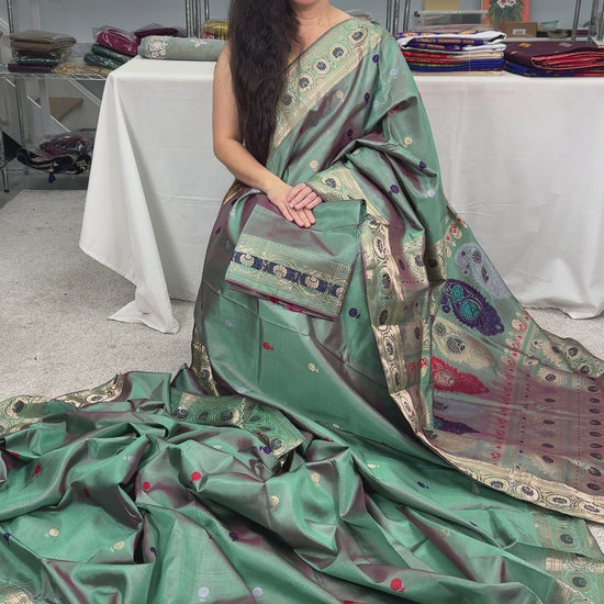 Video of Aahiri : Heritage Revival Baluchari Silk Saree from Bengal  in English Green.