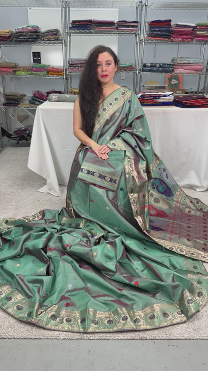 Video of Aahiri : Heritage Revival Baluchari Silk Saree from Bengal  in English Green.