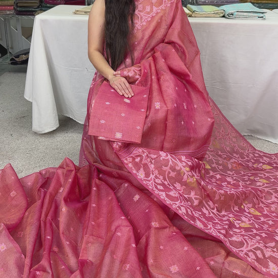Video of Coral Pink Pure Bengal Tussar Silk Saree with Hand-Woven Jamdani Motif.
