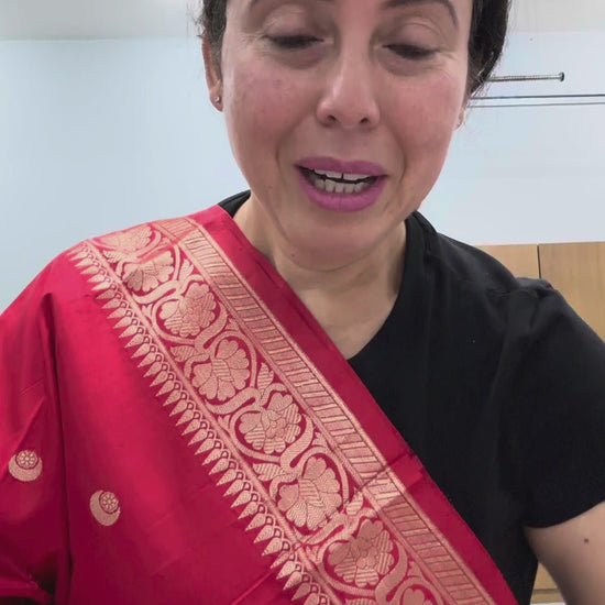 Video of Crimson Red and Gold Pure Banarasi Silk Saree with Chand Sitara Booti.