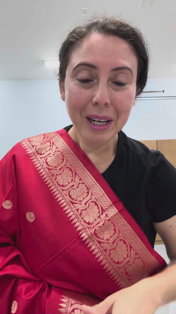 Video of Crimson Red and Gold Pure Banarasi Silk Saree with Chand Sitara Booti.