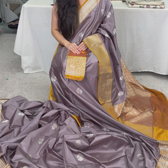 Video of Basuri : Certified Silk Banarasi Saree in English Gray Brown with Silver Zari